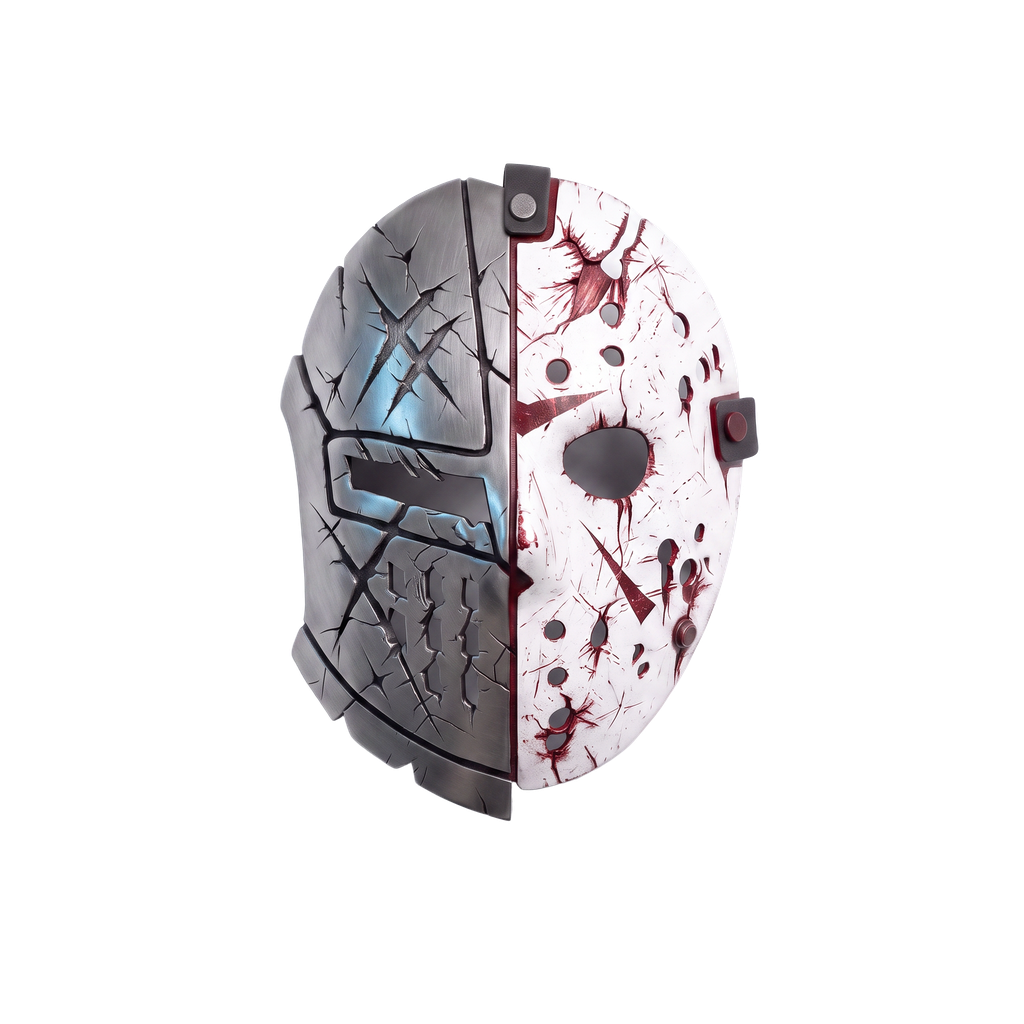Silent Knight Maske — Ritterhelm in Metallic-Grau, Hockeymaske mit roten Streifen